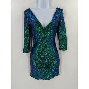 AGACI Women Size Small Green & Blue Mermaid Sequin Dress V-Neck Long Sleeve